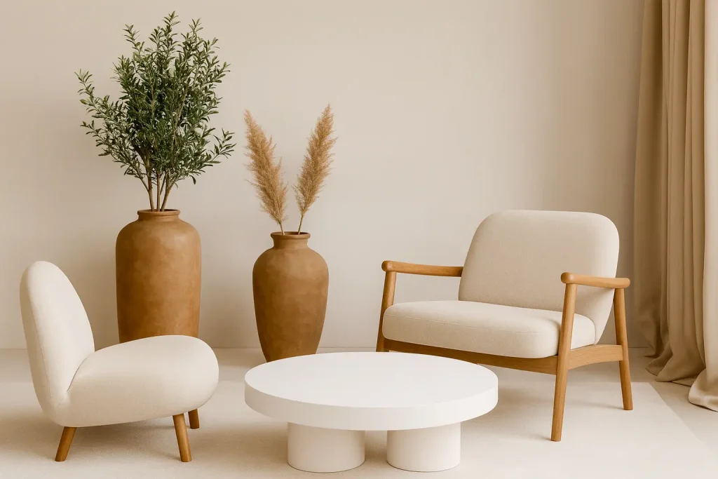 Sala de estar con mobiliario de líneas curvas y suaves que transmiten armonía y confort, aplicando principios de neuroarquitectura