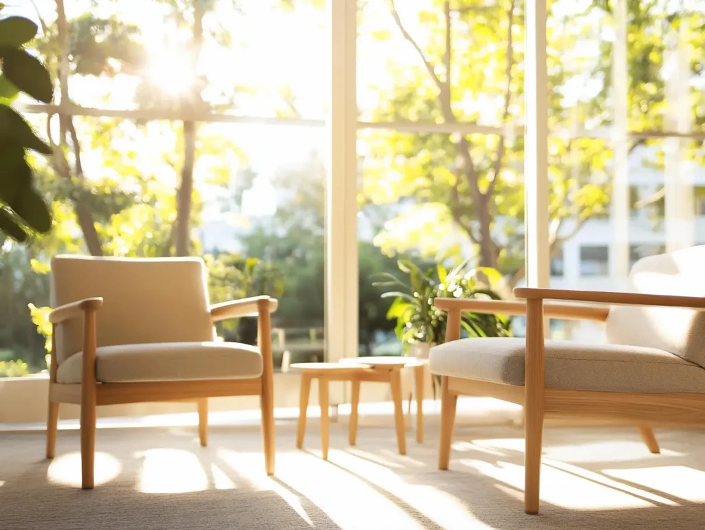 Diseño arquitectónico para el bienestar con sala de estar iluminada por luz natural, grandes ventanales, sillones de madera y plantas en el interior.