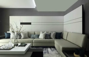 Salón moderno con distribución ordenada y armoniosa que favorece el confort y el bienestar, siguiendo principios de neuroarquitectura