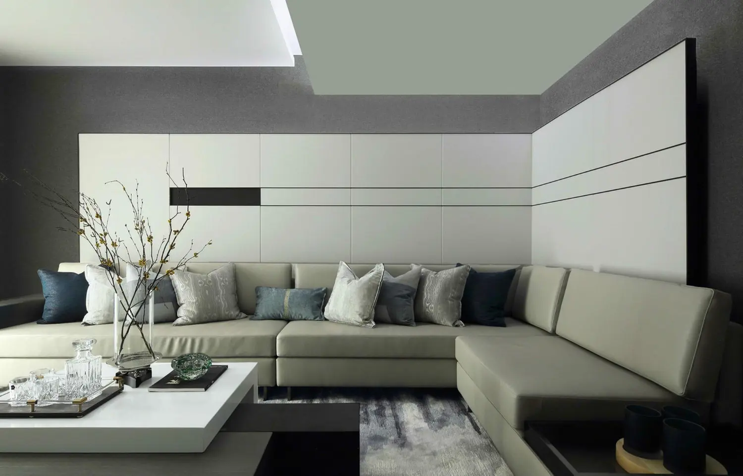 Salón moderno con distribución ordenada y armoniosa que favorece el confort y el bienestar, siguiendo principios de neuroarquitectura