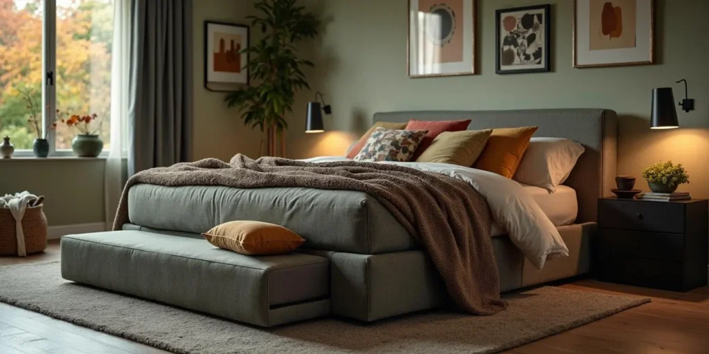 Dormitorio moderno con cama canapé abatible y espacio de almacenamiento integrado para ahorrar espacio