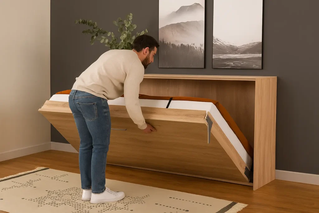 Hombre plegando una cama abatible de madera en un salón, mostrando un mueble multifuncional para ahorrar espacio