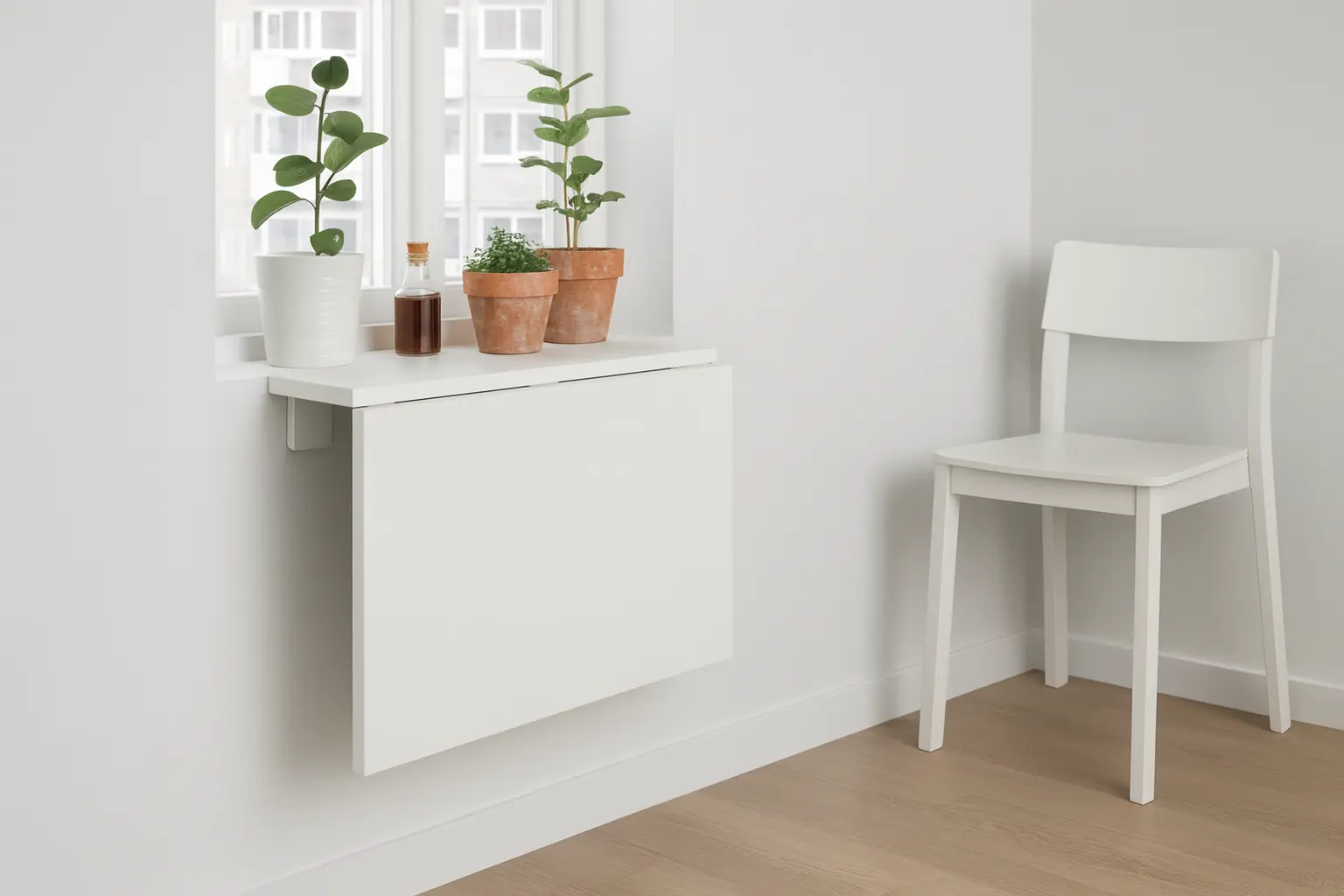 Mesa de pared plegable blanca en una cocina pequeña, acompañada de sillas apilables y plantas decorativas, ideal como mueble plegable para ahorrar espacio