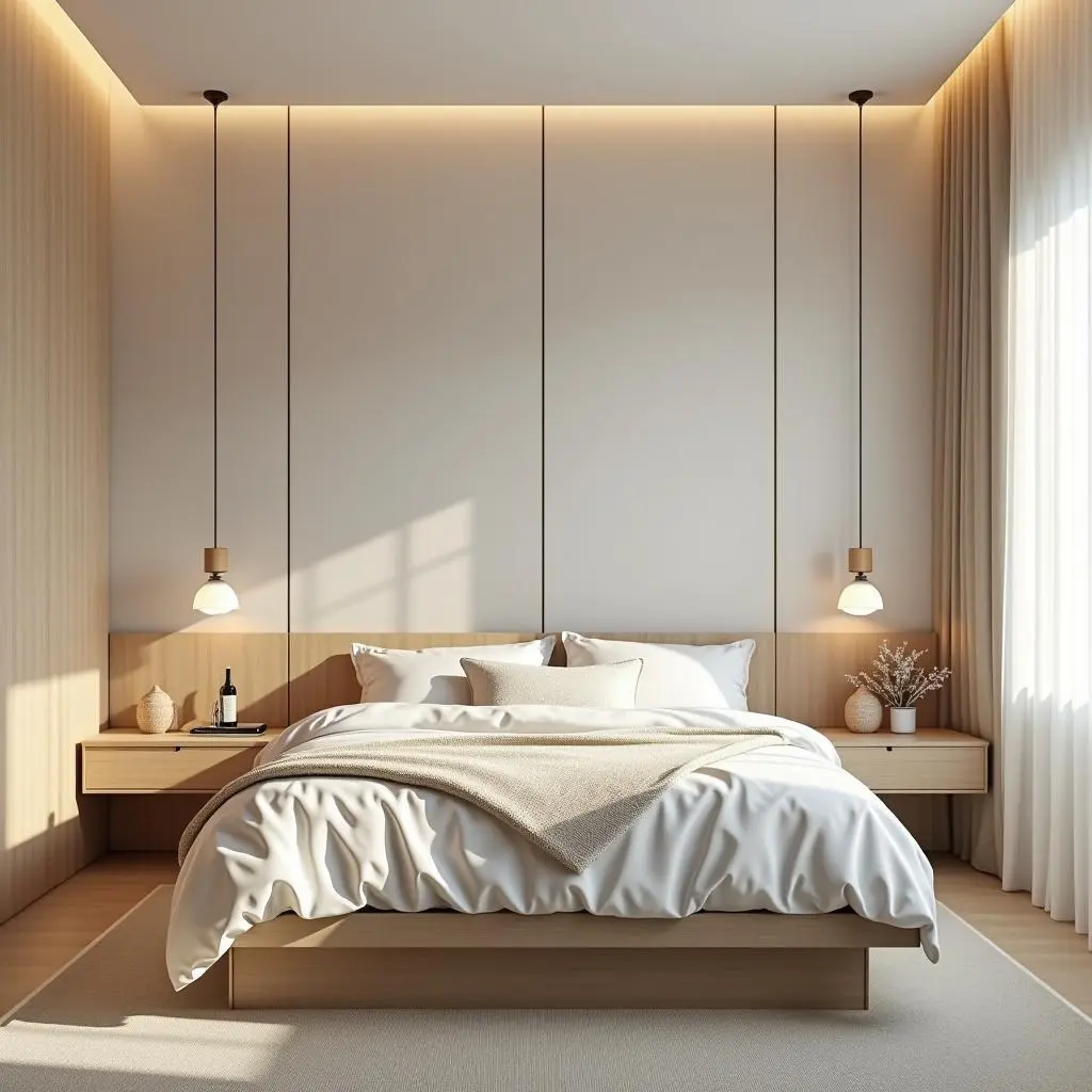 Dormitorio moderno con cama blanca multifuncional con cajones de almacenaje