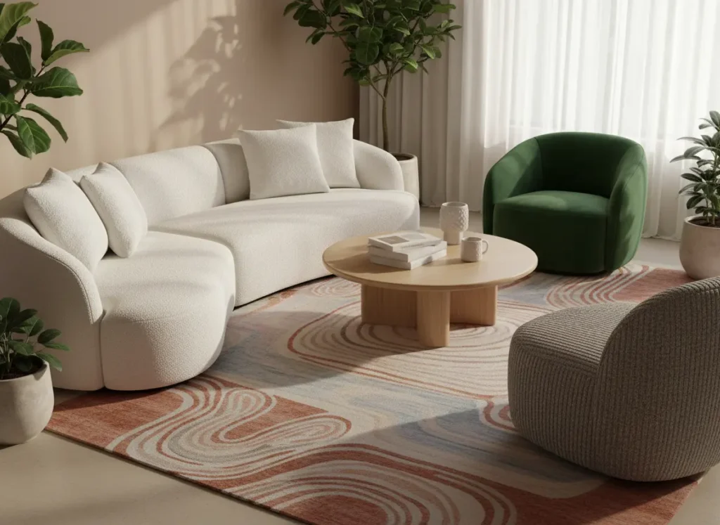 Salón de interiorismo 2026 con sofá curvo, sillón verde y alfombra orgánica, mostrando la tendencia de formas suaves y muebles envolventes que priorizan el confort y la calidez