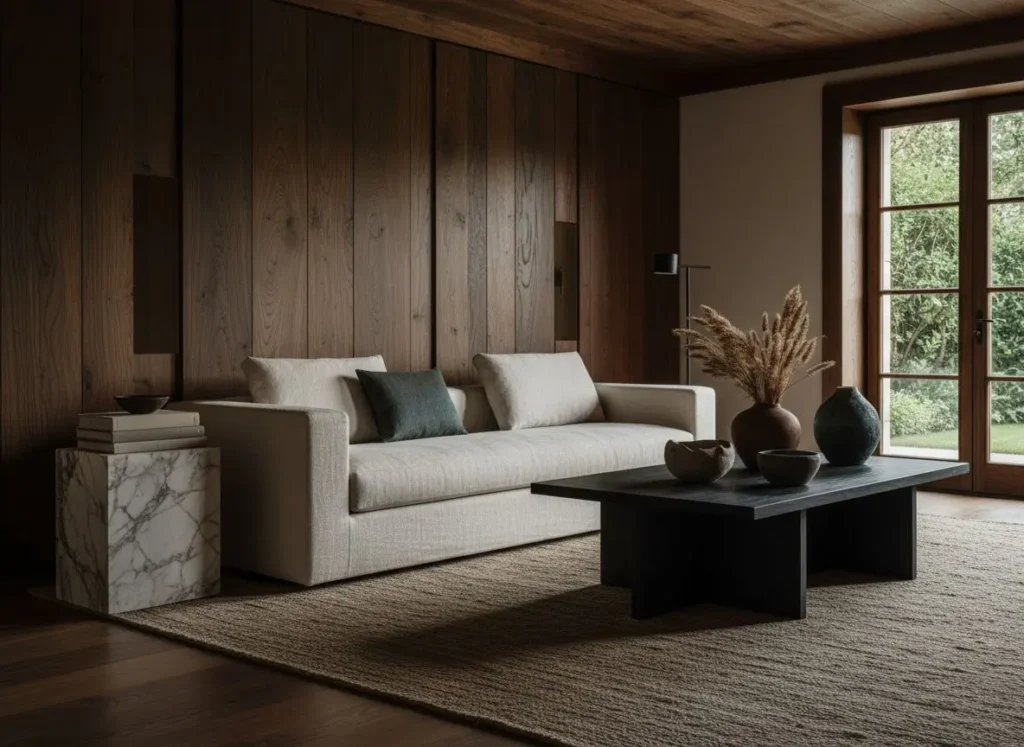 Salón de interiorismo 2026 con paredes de madera oscura, mesa de mármol y decoración artesanal en cerámica, reflejando la tendencia hacia materiales naturales y sostenibles