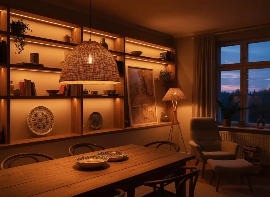 Comedor con lámparas cálidas de fibra natural e iluminación indirecta, mostrando la tendencia de interiorismo 2026 hacia una luz ambiental que aporta calidez y carácter al hogar