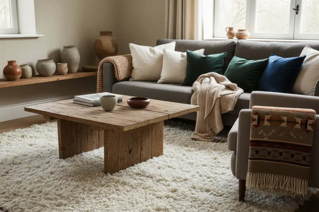 Salón con mesa de madera rústica, alfombra mullida y cojines de lino y terciopelo, reflejando las tendencias de interiorismo 2026 centradas en texturas naturales y sensoriales