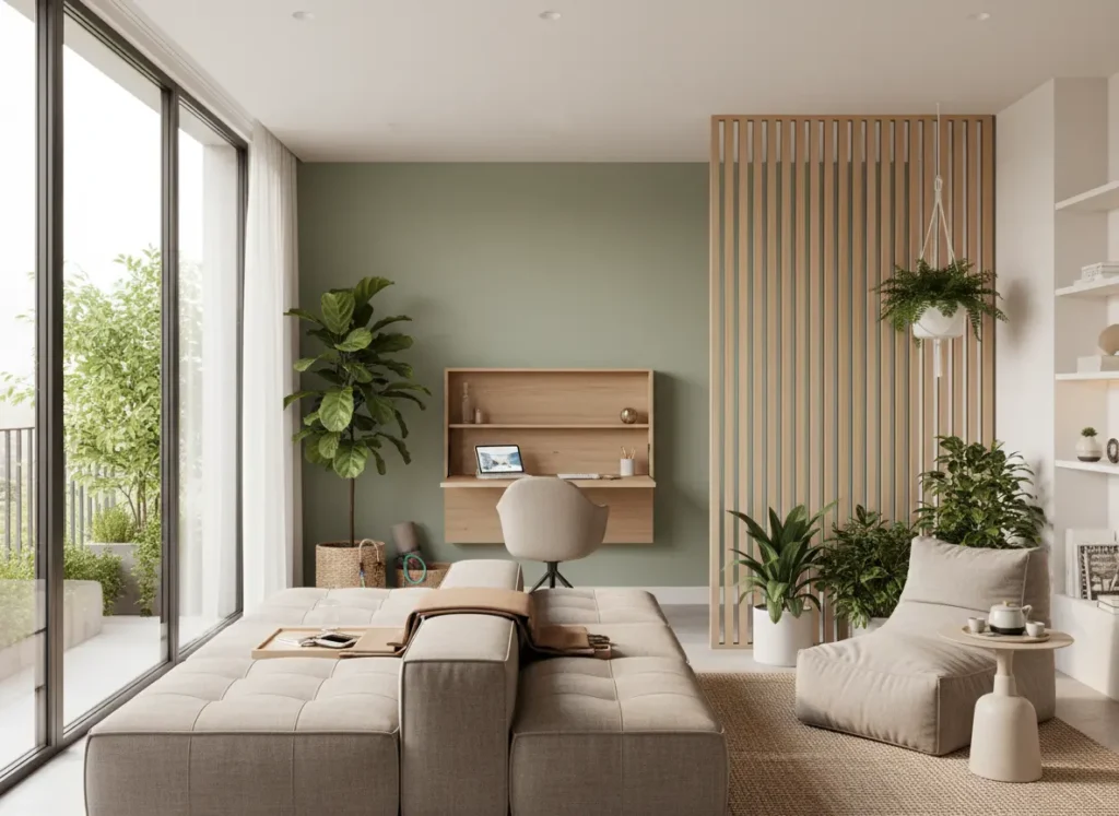 Salón con escritorio integrado, sofá modular y plantas naturales, representando la tendencia de interiorismo 2026 hacia espacios multifuncionales que promueven bienestar y armonía