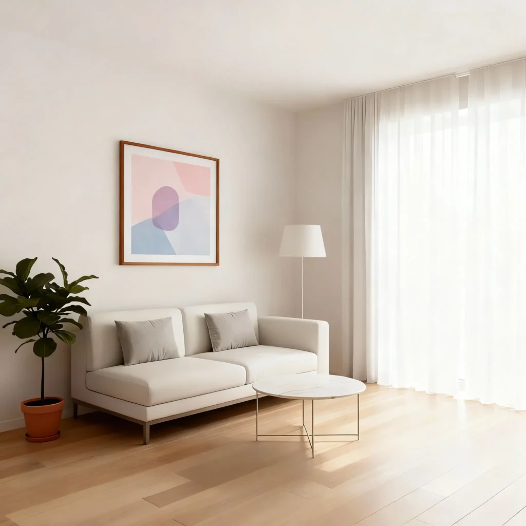 Salón minimalista con sofá blanco, mesa de centro ligera y pocos elementos decorativos, transmitiendo orden y amplitud visual.