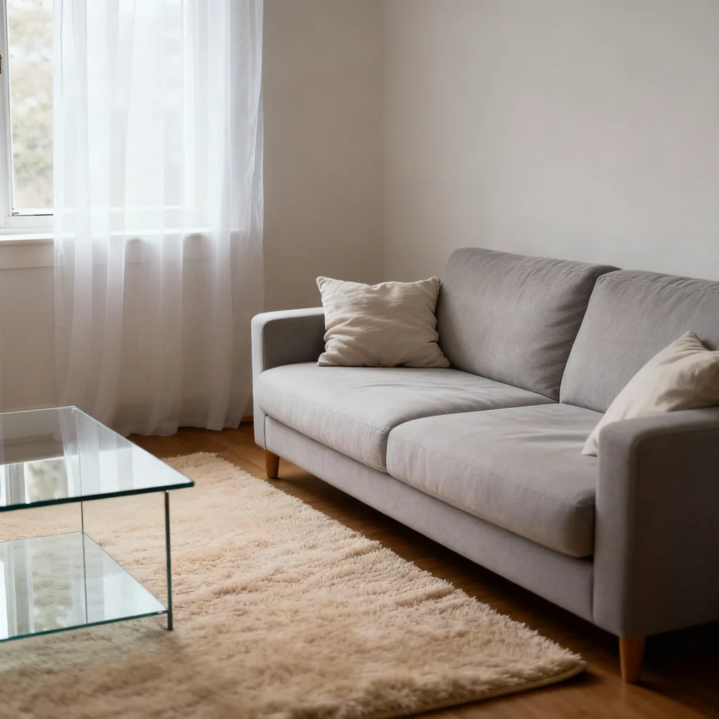 Salón pequeño con sofá gris claro, mesa de centro de cristal y cortinas blancas translúcidas que dejan pasar la luz natural