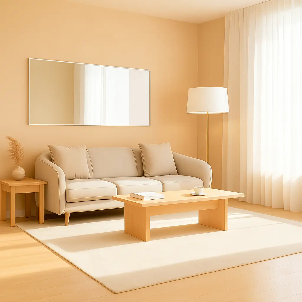 Salón pequeño decorado con tonos claros y paleta continua, mostrando cómo los colores suaves ayudan a ampliar visualmente un salón pequeño gracias a un sofá beige, paredes beige y mobiliario en madera clara.