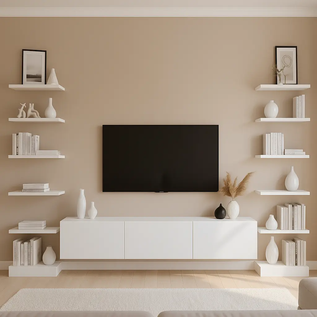 Salón luminoso con mueble de televisión flotante y estanterías verticales blancas, que aprovechan las paredes como espacio de almacenaje y decoración para ampliar visualmente la estancia.