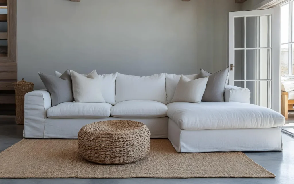 Sofá blanco de tres plazas con varios cojines neutros distribuidos de forma equilibrada, ideal para ilustrar cuántos cojines colocar según el tamaño del sofá