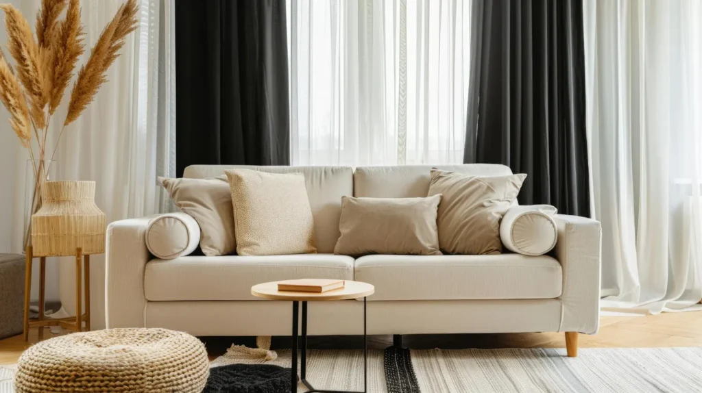 Cómo elegir cojines para el sofá beige: combinación de tonos neutros y texturas cálidas en un salón acogedor