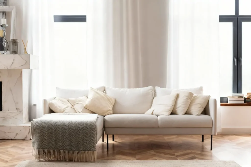 Sofá claro decorado con cojines claros en un salón luminoso con chimenea y textiles cálidos