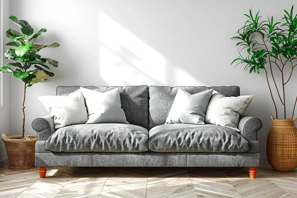 Sofá gris decorado con cojines blancos en un salón luminoso con plantas y detalles naturales