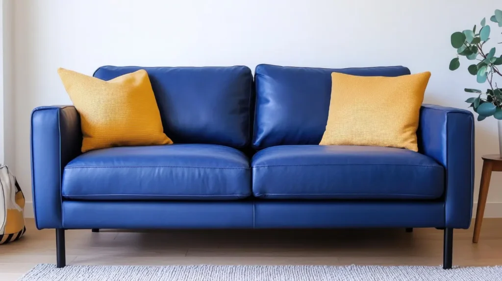 Sofá azul marino con cojines mostaza que aportan contraste cálido en un salón moderno