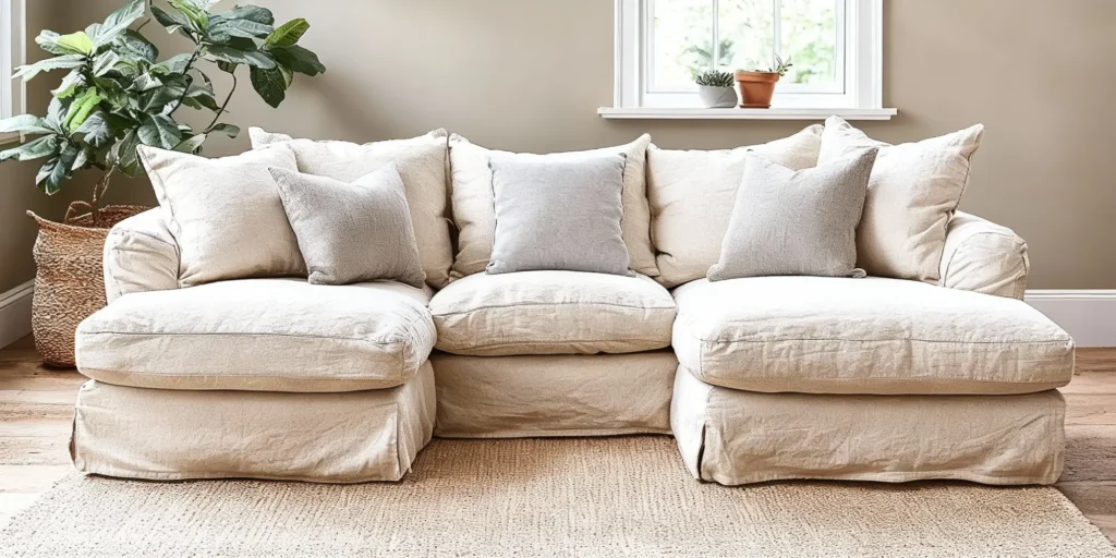 Sofá beige con cojines colocados de forma sencilla y resultona, siguiendo la regla 2-1-2 para que quede equilibrado sin complicarse