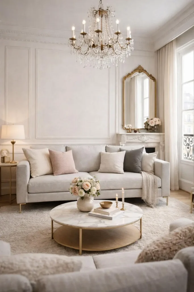 Sofá gris claro combinado con cojines en tonos beige y blanco roto, mesa de centro de mármol y decoración neutra que crea un salón elegante y equilibrado