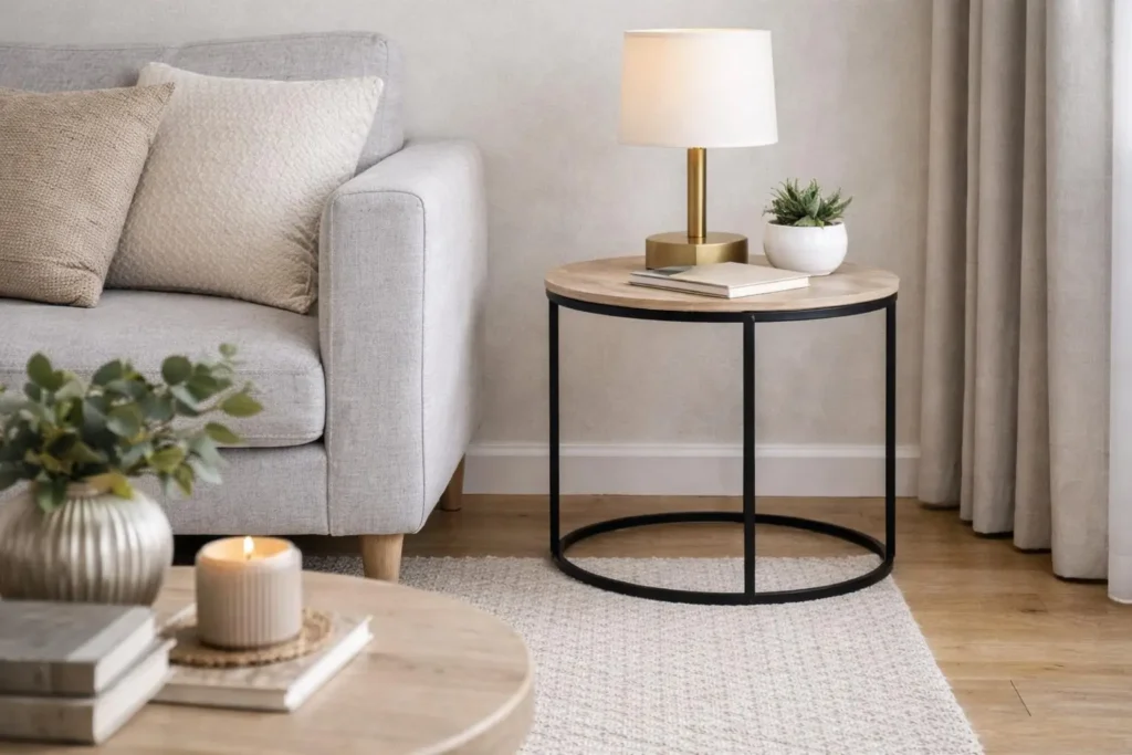 Detalle de sofá gris claro con mesa auxiliar de madera y estructura metálica negra, ejemplo de combinación equilibrada de materiales en el salón