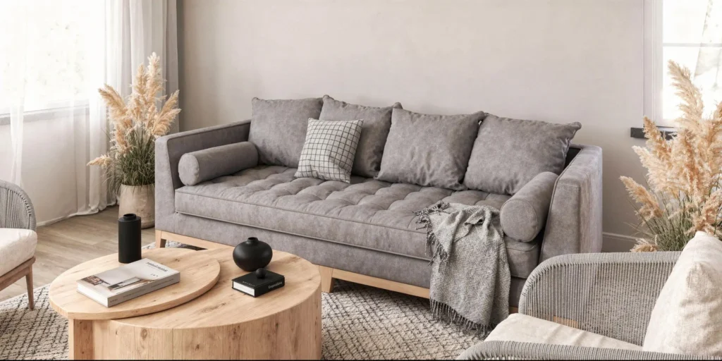 Salón con sofá gris claro decorado con madera natural, textiles neutros y manta, ejemplo de estilo nórdico y mediterráneo aplicado a un salón actual