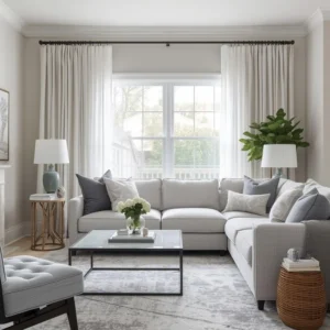 Ejemplo de cómo decorar un salón con sofá gris claro