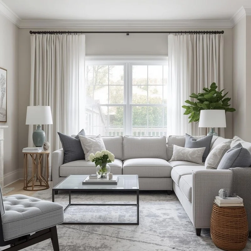 Salón luminoso con sofá gris claro y cortinas claras de suelo a techo que filtran la luz natural y aportan sensación de amplitud y equilibrio al espacio