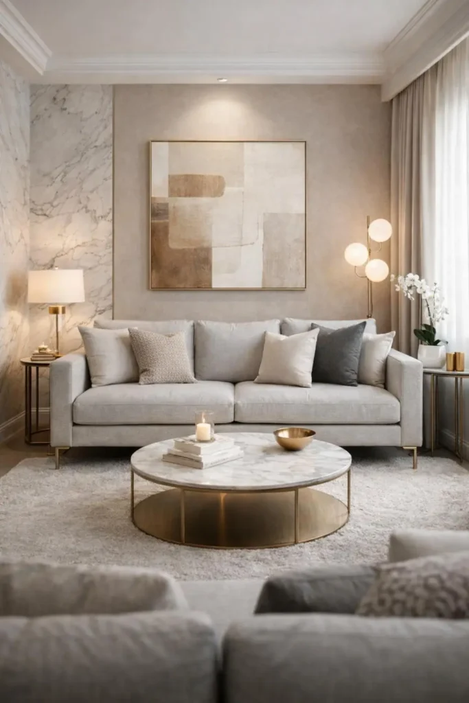 Salón con sofá gris claro, paredes neutras y suelo de madera que aportan luz, amplitud y equilibrio al conjunto